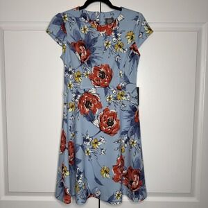 Vince Camuto Dress Womens 6 Blue Floral Fit & Flare Short Sleeve A Line